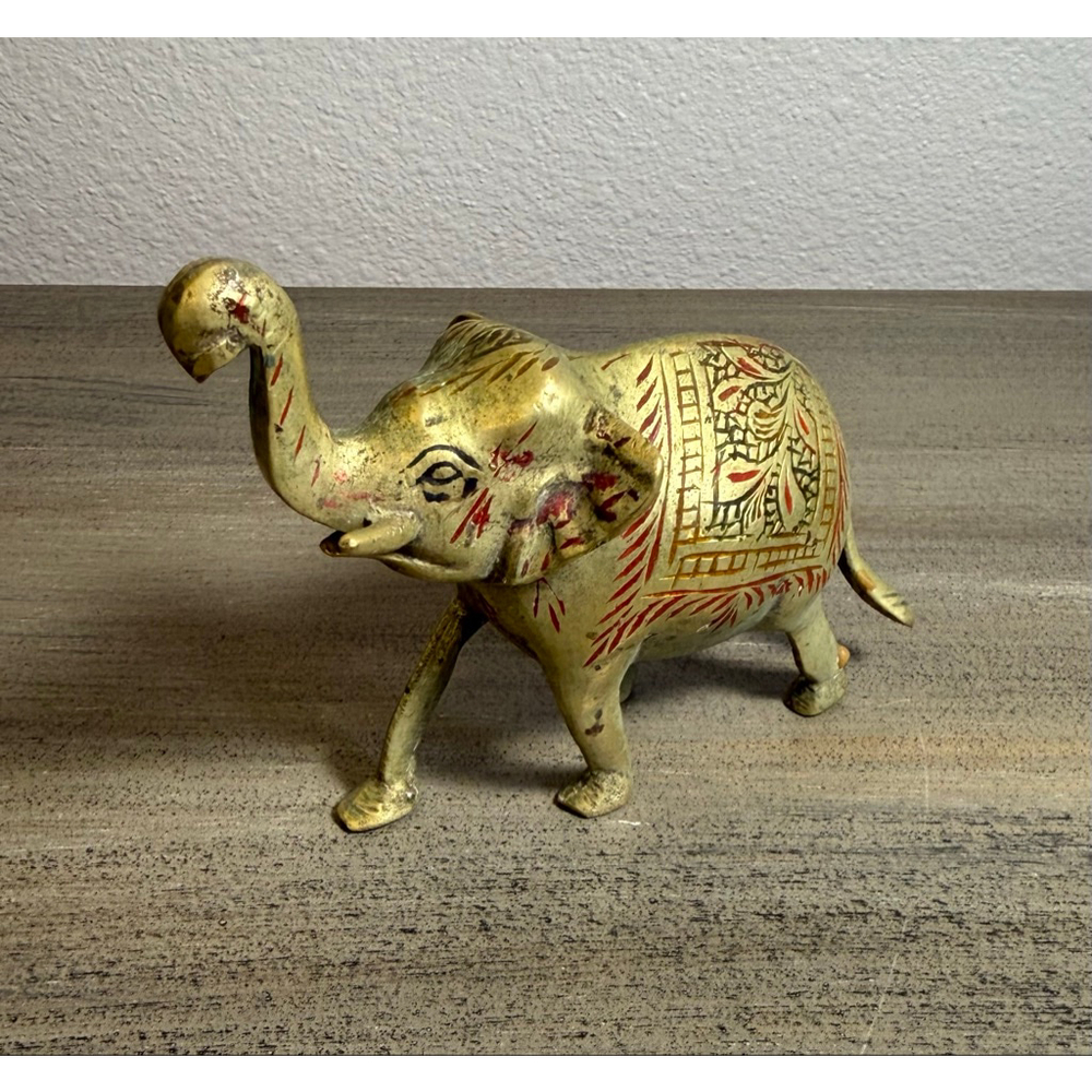 vintage brass elephant figurine decorative etching approximately 5”